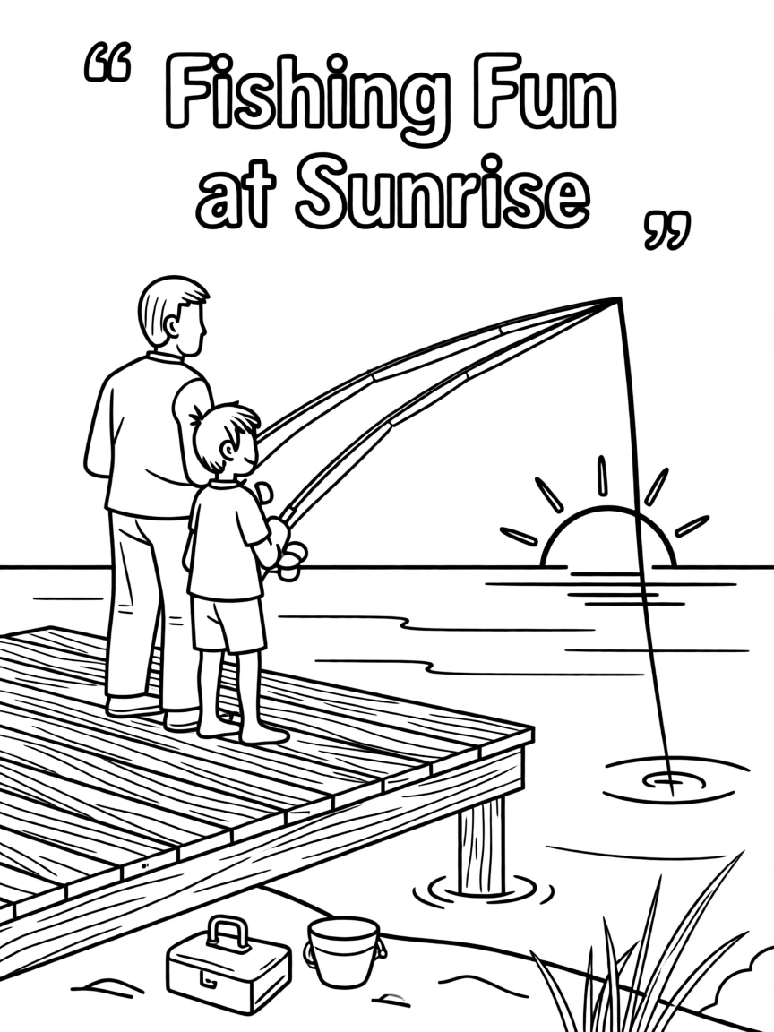 A father and son fishing from a dock at sunrise