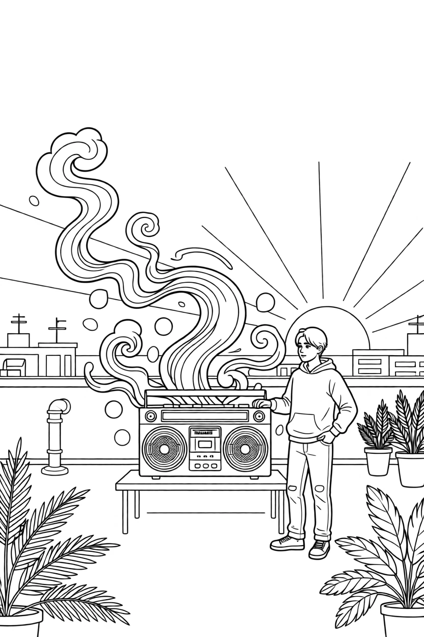 A boombox playing on a rooftop at sunset, with smoke and colored lights swirling around the stage.