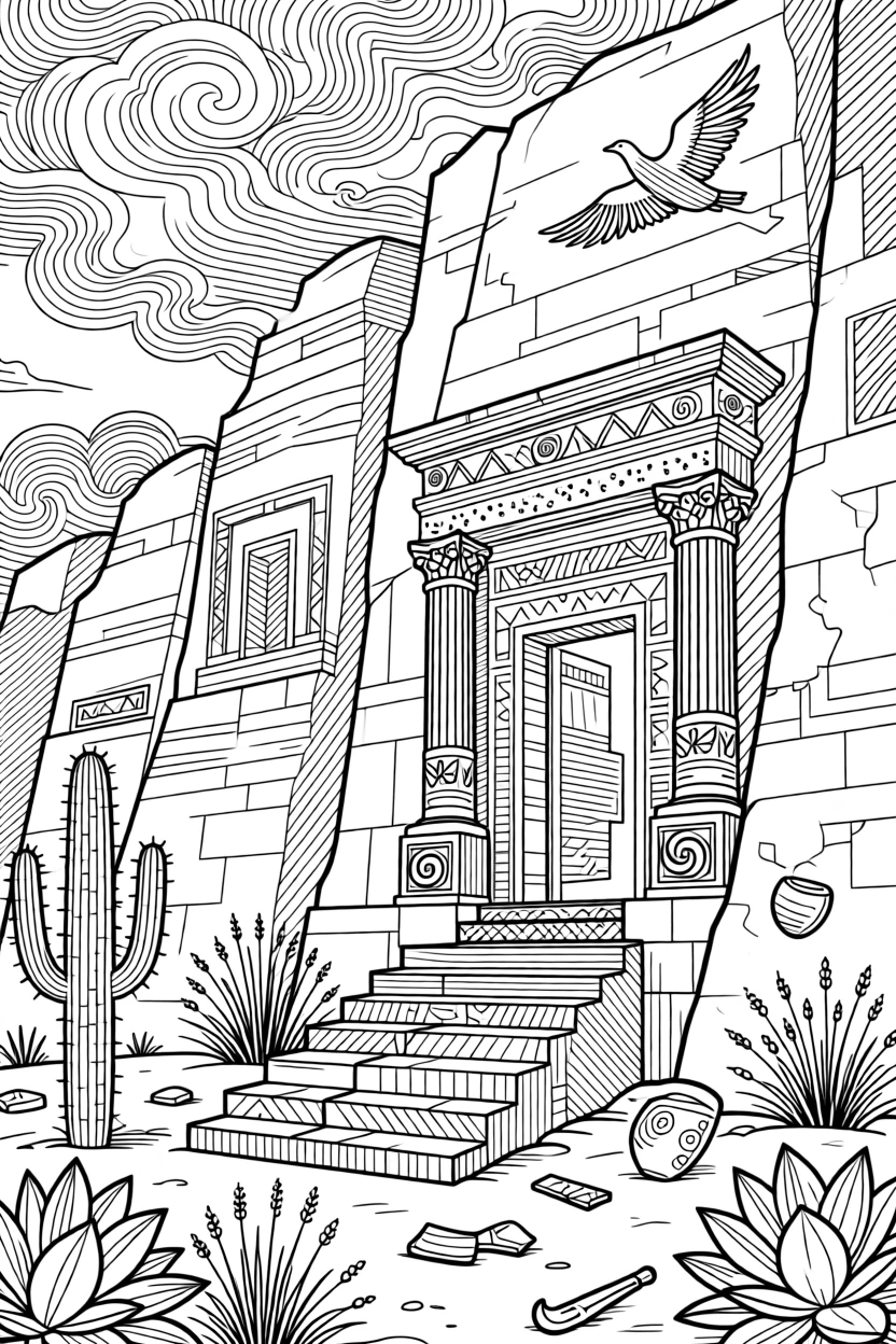 Ancient ruins carved into rose-colored sandstone cliffs.