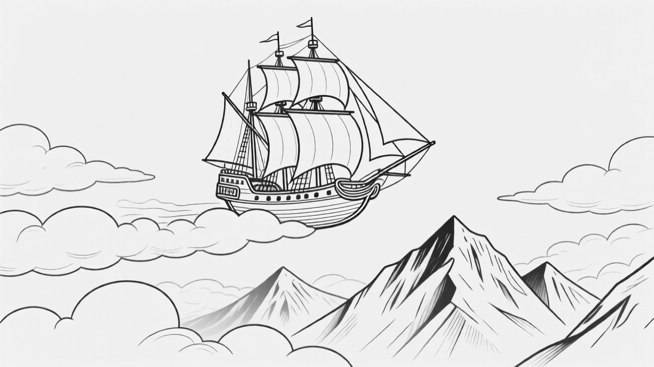 A flying ship sailing through clouds above mountain peaks