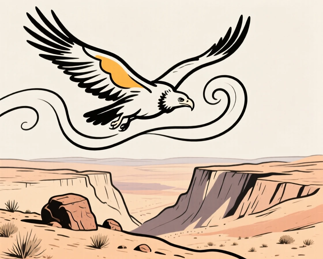 A vulture circling high above a dry desert canyon.
