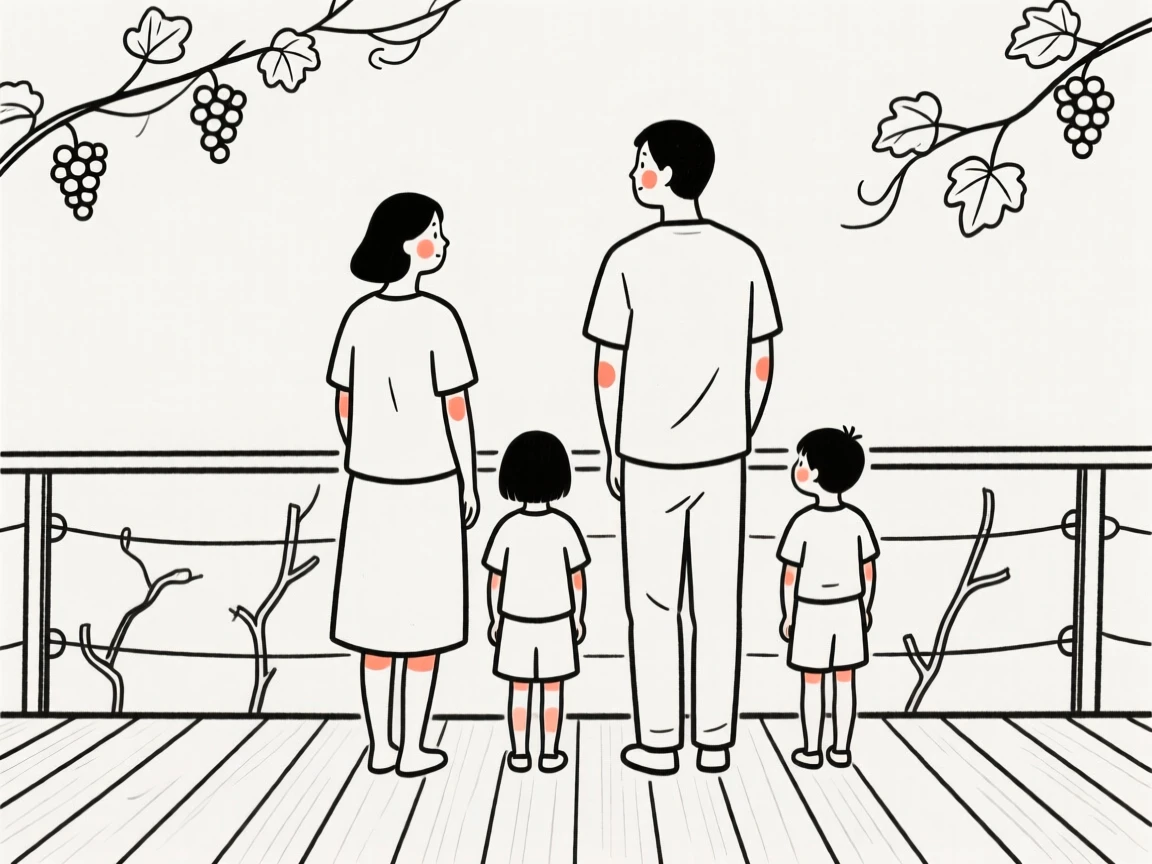 A family of four, gazing thoughtfully into the distance, on a vineyard terrace.