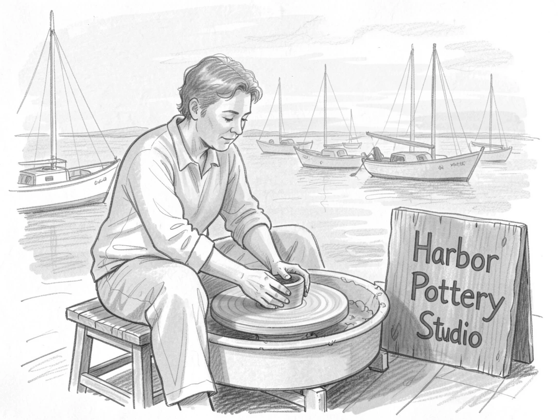 A warm everyday moment: an artisan shaping clay on a pottery wheel beside a harbor at dawn, with quiet everyday contentment.