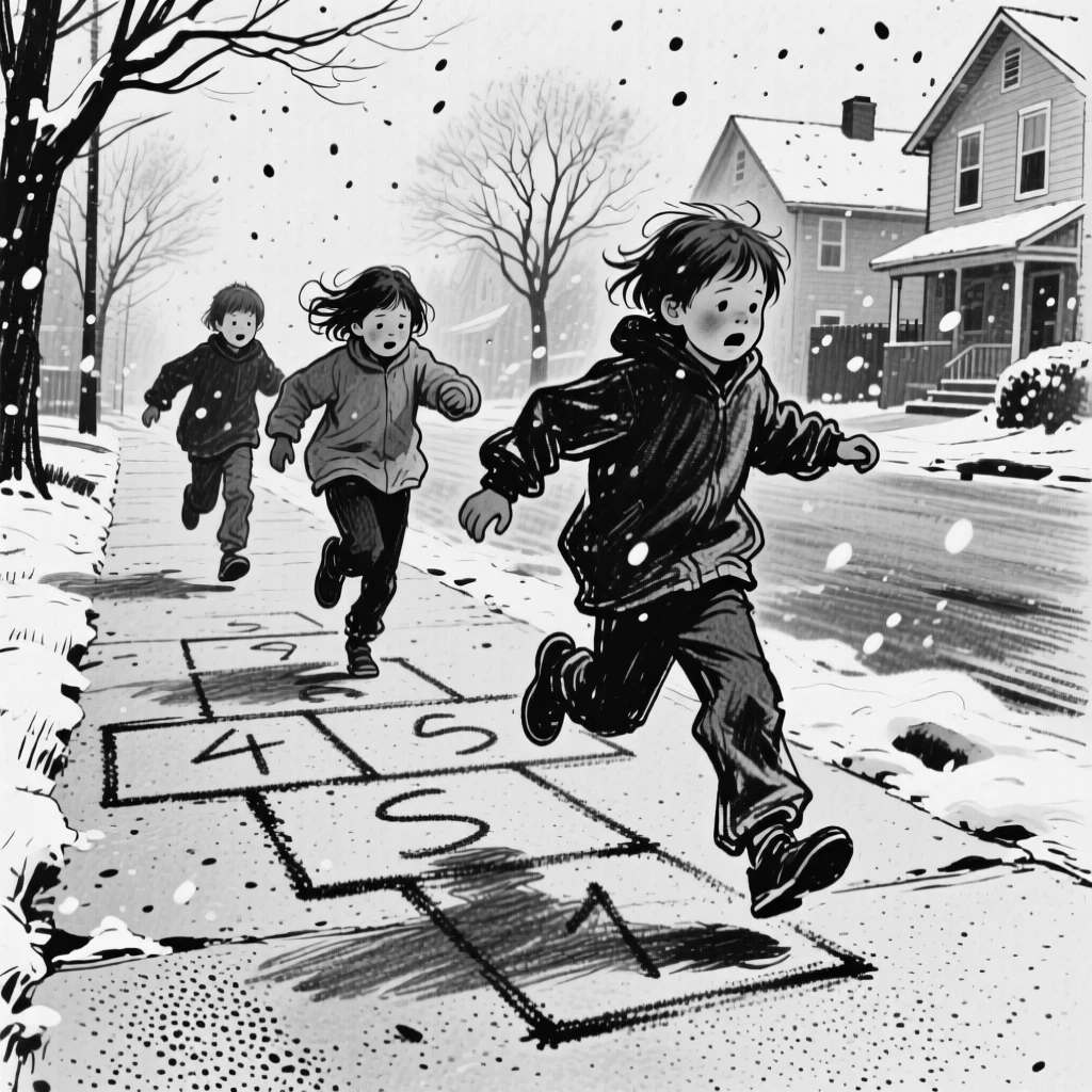 Children playing hopscotch on a neighborhood sidewalk, under a soft blanket of falling snow.