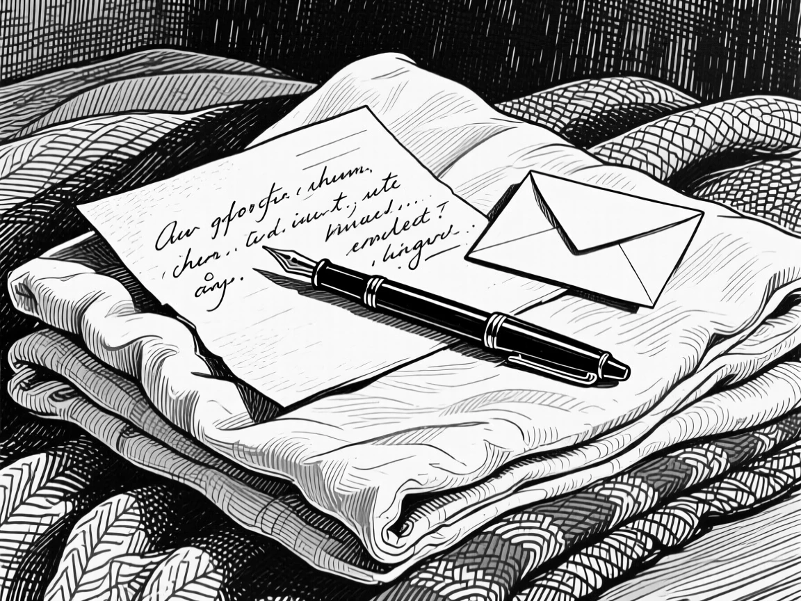 A fountain pen beside a letter sitting atop a stack of folded linens, with a folded note tucked alongside it, forming a cozy and intimate still-life study.
