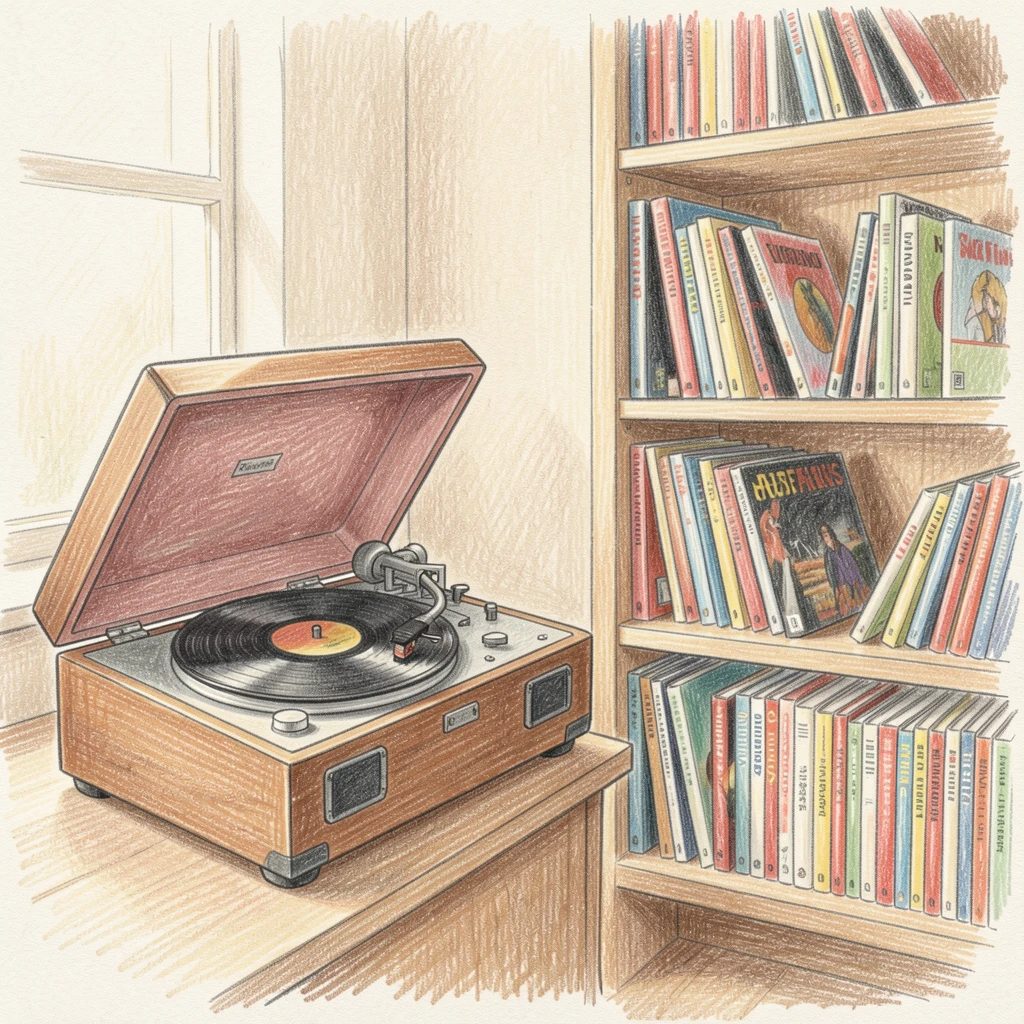 A vintage record player beside a shelf of classic albums, arranged thoughtfully with soft, natural lighting, designed to feel timeless and collectible.