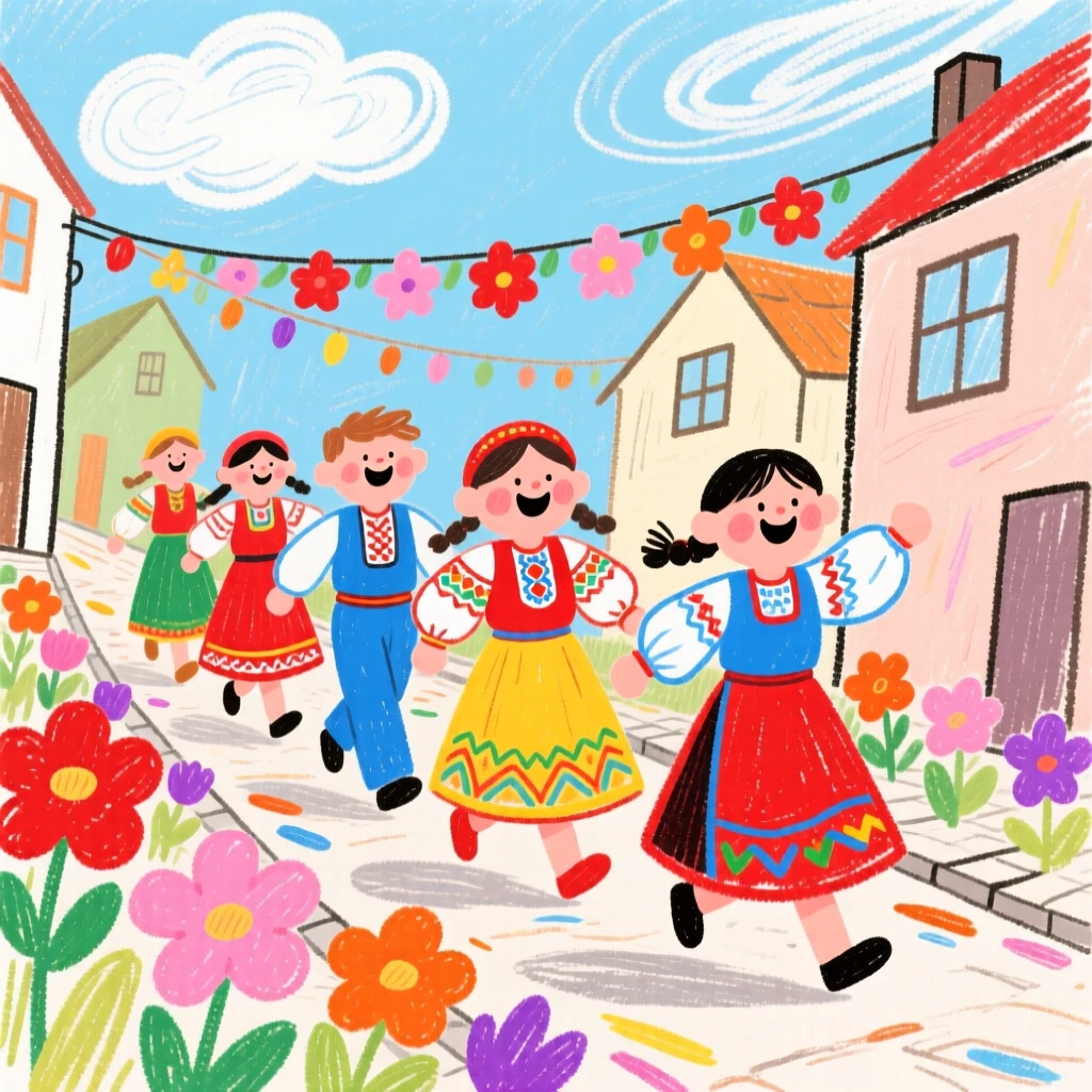 A group of traditional dancers walking through a flower decorated street.
