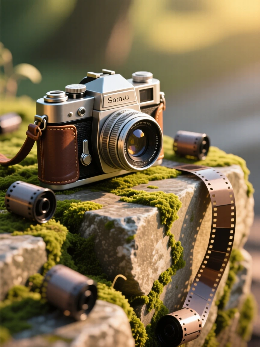 A vintage camera surrounded by rolls of film, placed on a mossy stone ledge outdoors, shown from a slightly elevated angle, with soft golden light highlighting fine craftsmanship.