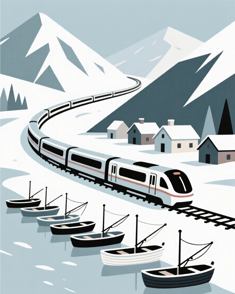 A view of a train winding through mountains at a snow-covered alpine village, framed by a row of fishing boats, capturing adventurous excitement.