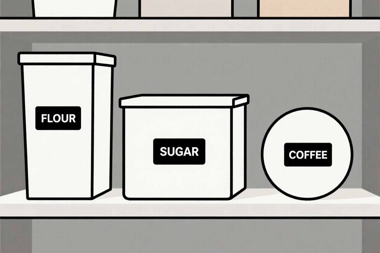 A kitchen pantry with labeled storage containers