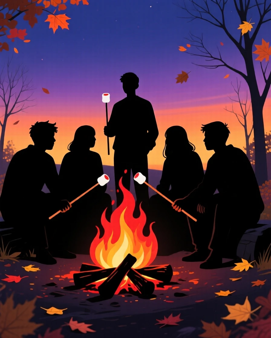 A bonfire surrounded by friends roasting marshmallows on a cool autumn night.