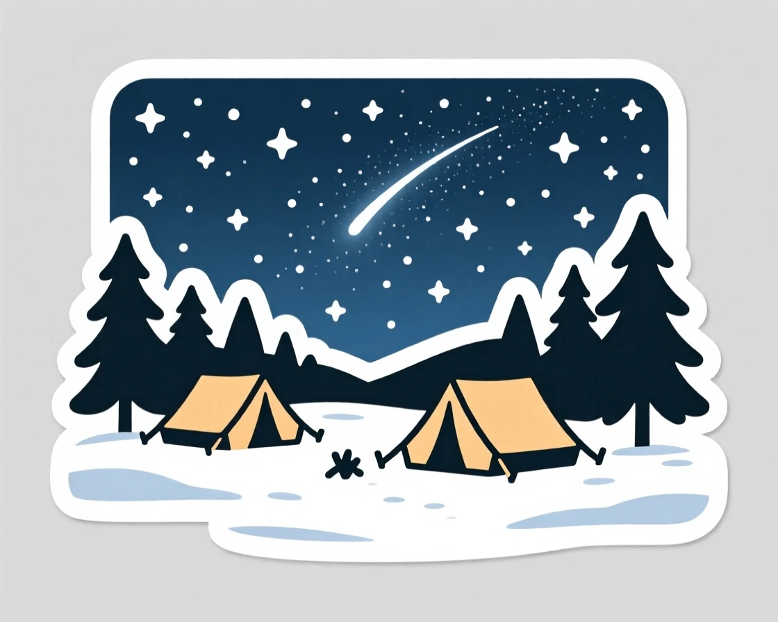 An idyllic starry night sky over a campsite, dusted with a light layer of fresh snow, untouched and wonderfully quiet.