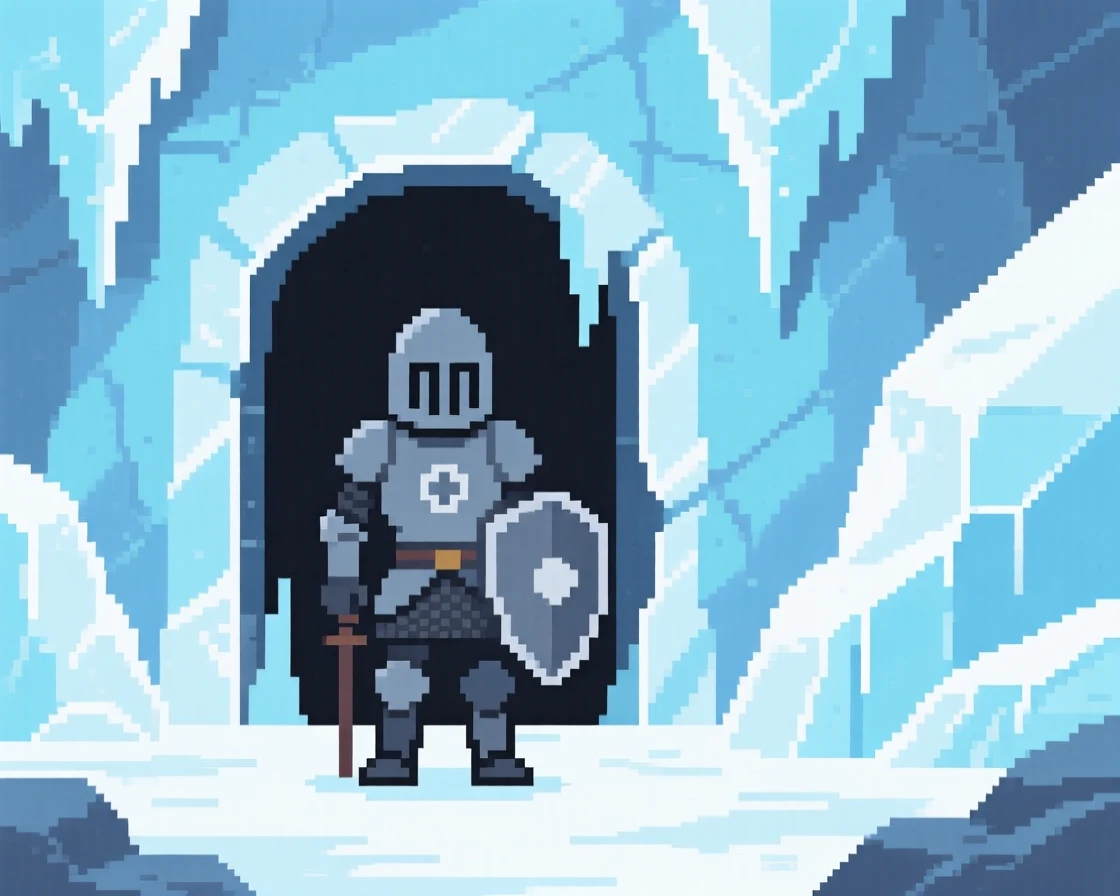 A wandering knight standing before the entrance to a hidden dungeon, within a frozen ice cave dungeon.