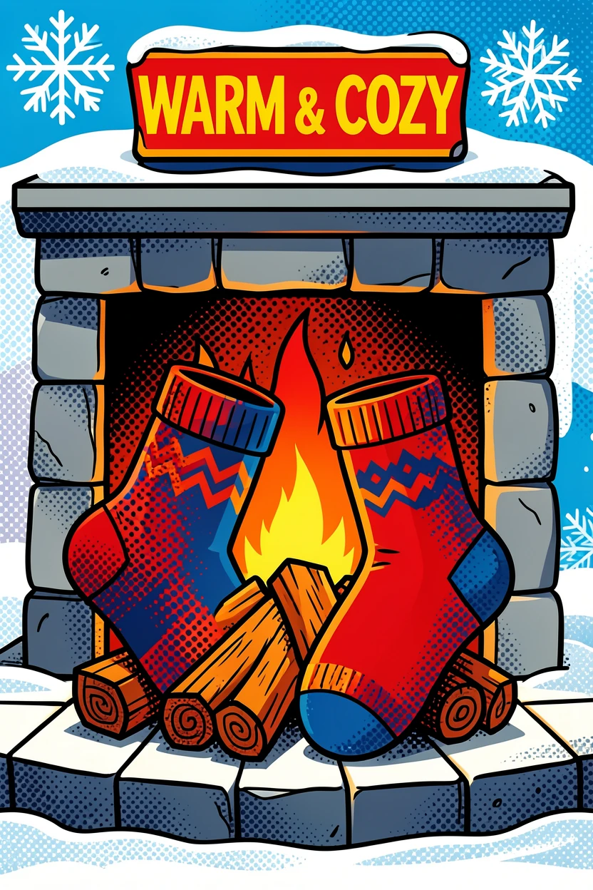 A pair of wool socks warming by a fireplace on a snowy day