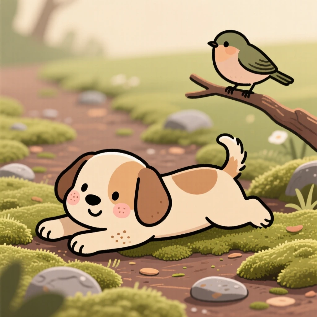 A tiny puppy stretching after a nap in a mossy garden path, pausing to look up with curious, gentle eyes as a bird calls from a branch.