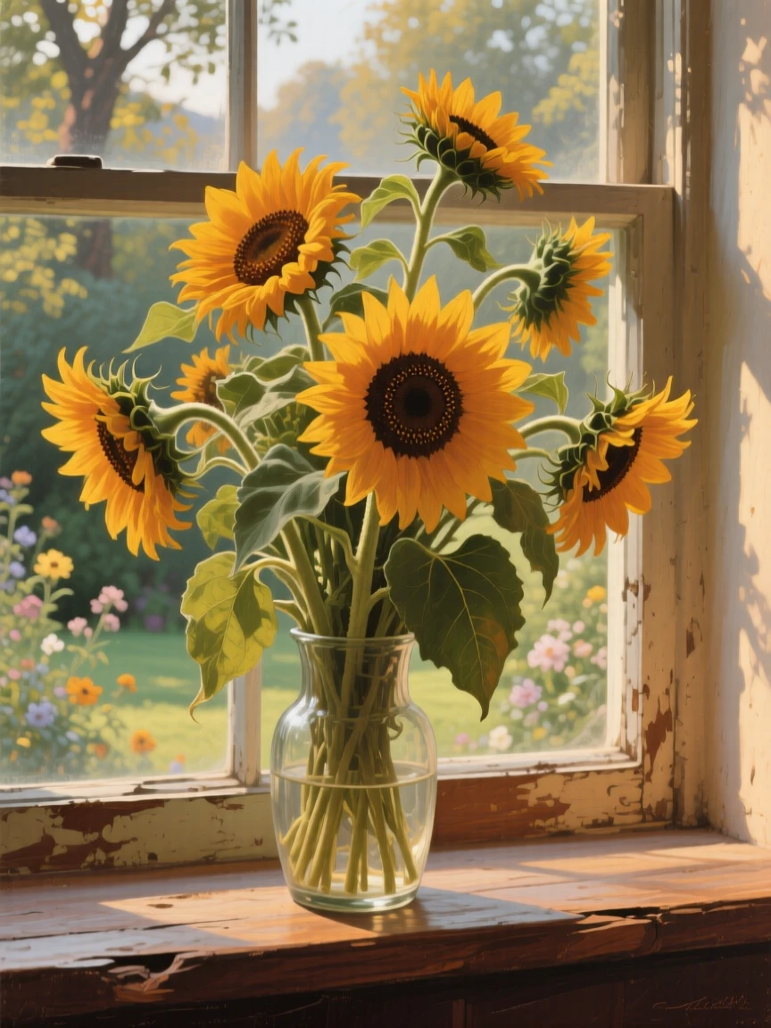 A detailed close shot of a vase of sunflowers on a windowsill overlooking a garden, at golden hour.