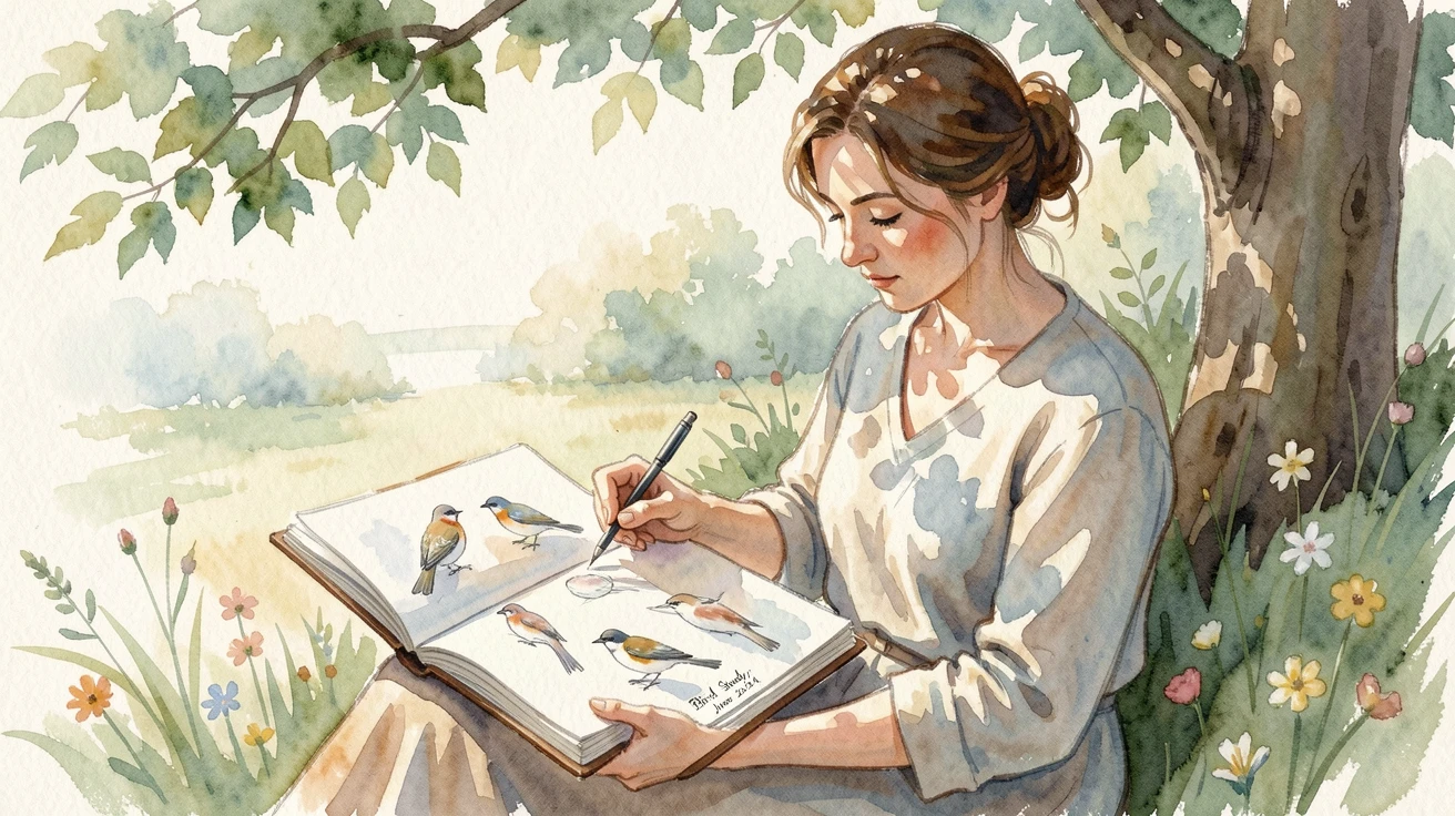A woman sketching birds in a nature journal surrounded by natural light.