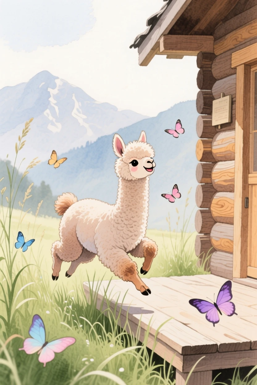 A baby alpaca hops through tall grass in a mountain cabin porch, as butterflies drift nearby