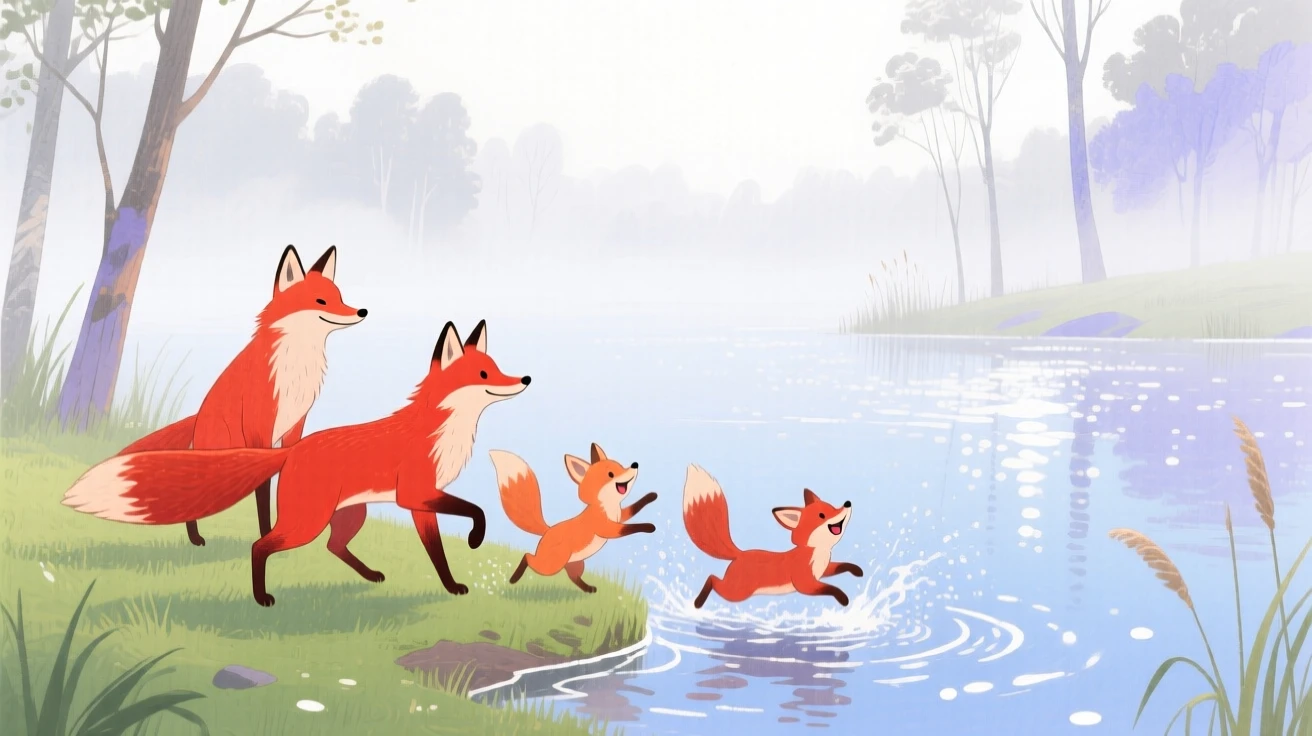 A family of red foxes playing joyfully in the edge of a sparkling lake on a foggy morning.