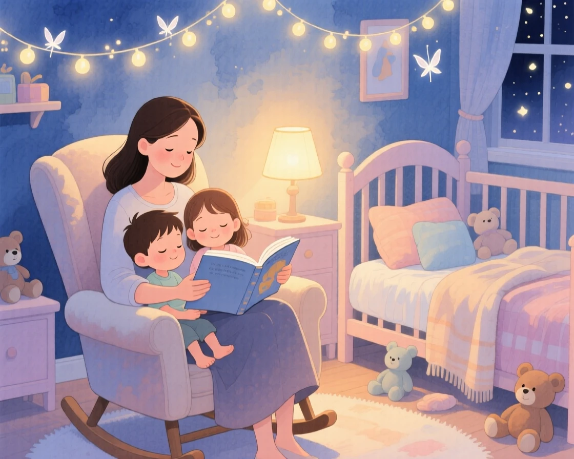 A mother reading a bedtime story to her two children, in a nursery glowing with a soft nightlight, with twinkling fairy lights strung overhead, tender maternal love and comfort.