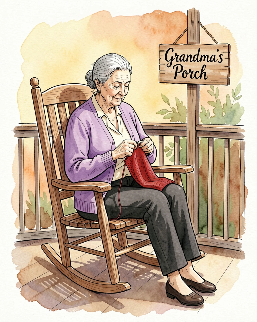 A grandmother rocking gently in a porch chair while knitting, warm colors and soft shadows completing the scene.