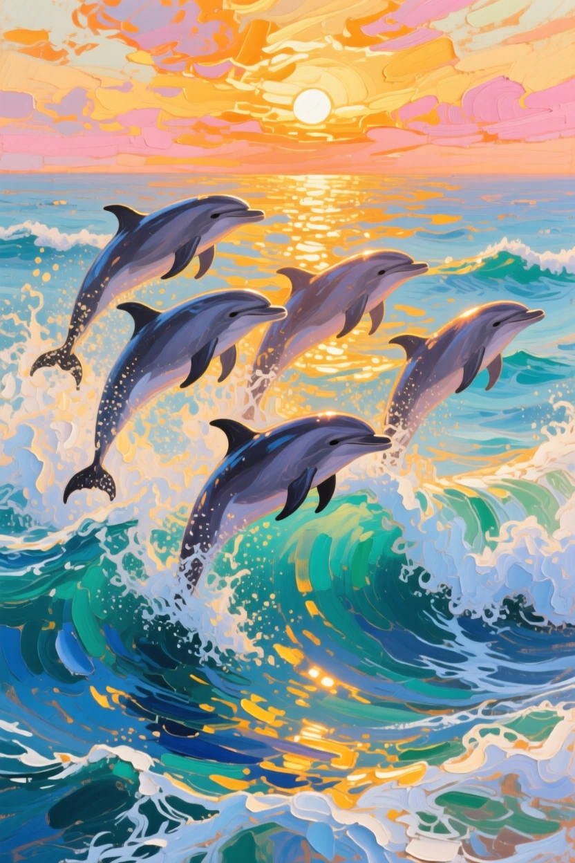 A pod of dolphins leaping through ocean waves, light dancing across its glistening skin, near the surface where sunlight filters down in shafts, with the surface glowing gold at sunset above.