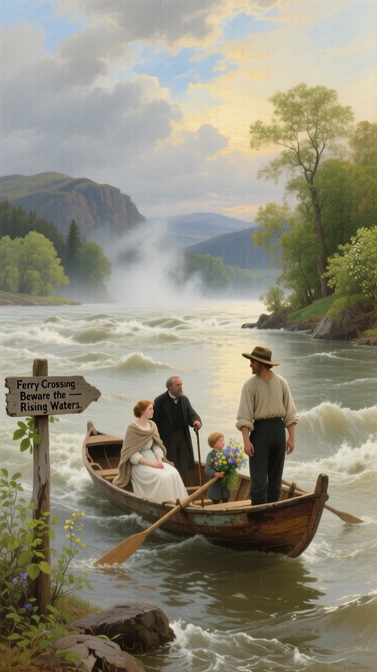 A boatman ferries passengers across a wide river swollen after spring rains as mist rises off the water.