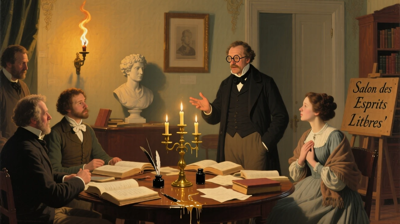 A French salon gathering of artists and intellectuals in candlelit conversation, as warm candlelight or torchlight fills the surrounding space, bringing a vivid, immersive moment of history to life