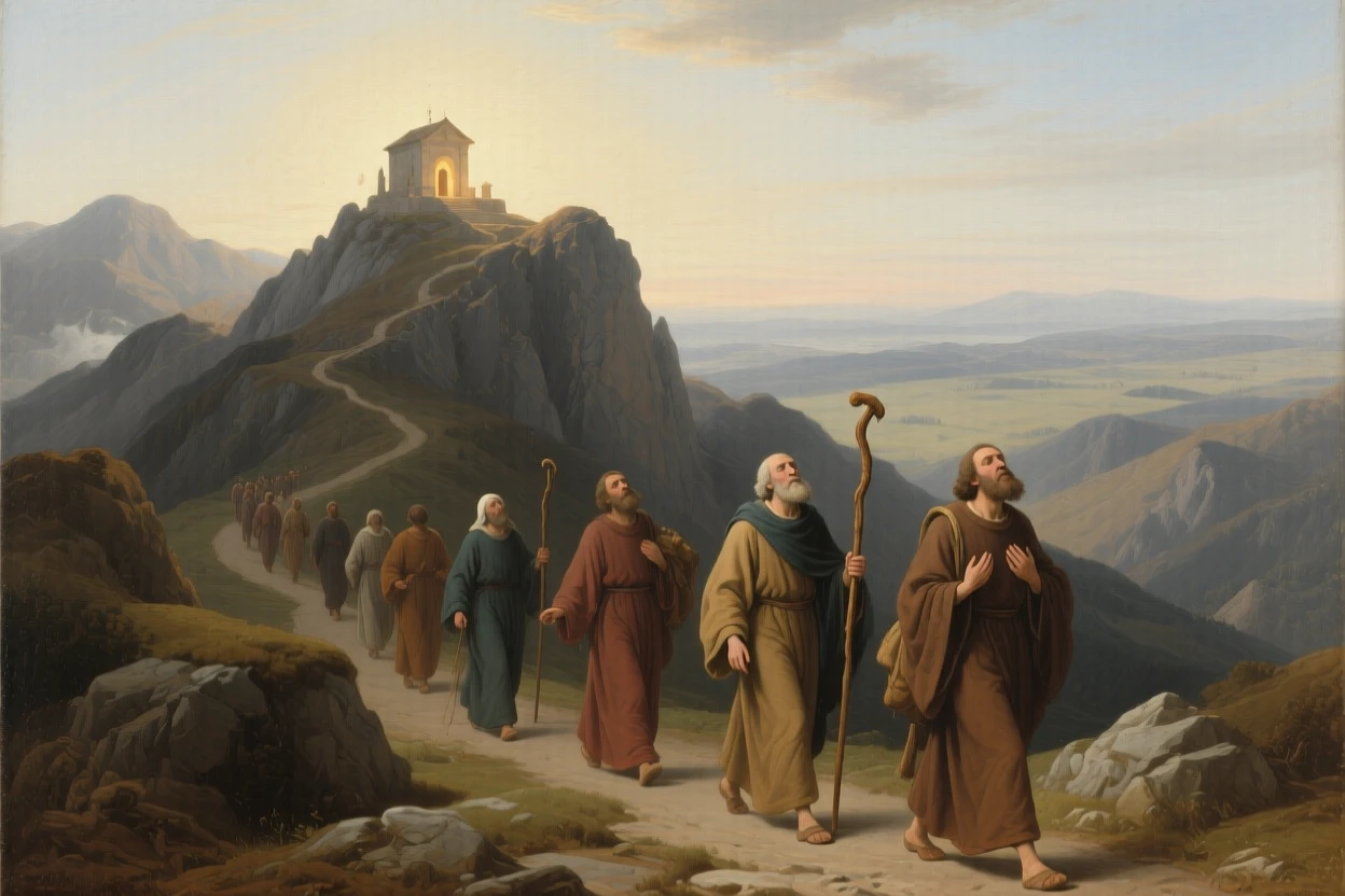 Pilgrims crossing a perilous mountain pass toward a distant shrine as light seems to answer a silent prayer, set atop a remote mountain overlooking an endless valley, with modest robes, a well-worn staff, and a face lined with quiet devotion; a low, humble viewpoint elevates the sacred over the everyday, capturing a timeless moment of grace and gratitude.