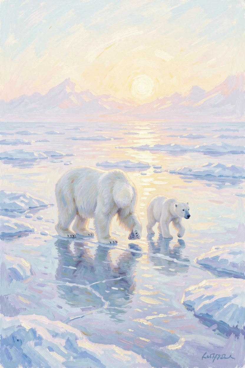 A polar bear and her cub walking across a vast expanse of Arctic ice under a pale winter sun, as the first light of dawn breaks.