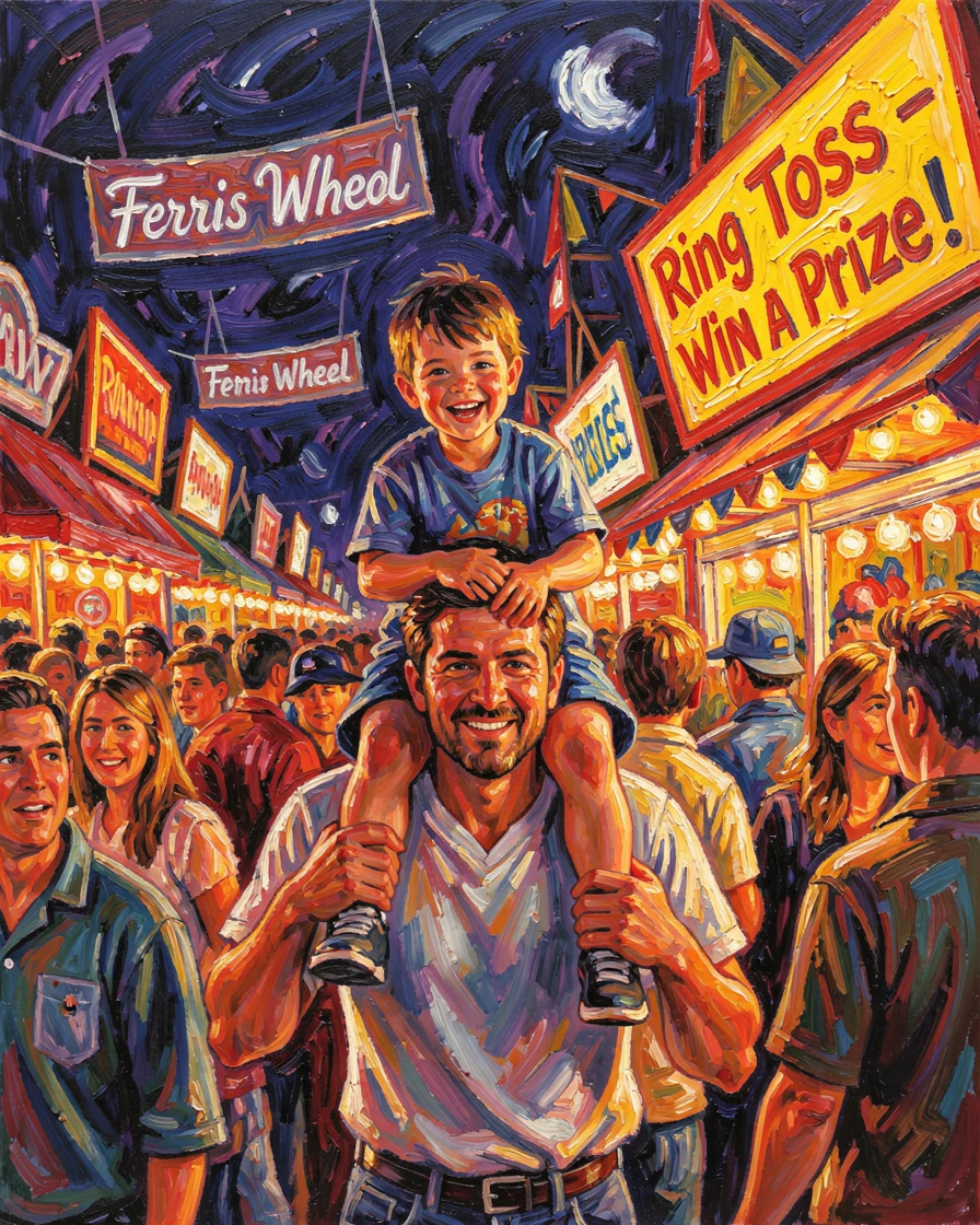 A father carrying his son on his shoulders through a crowded carnival at night.