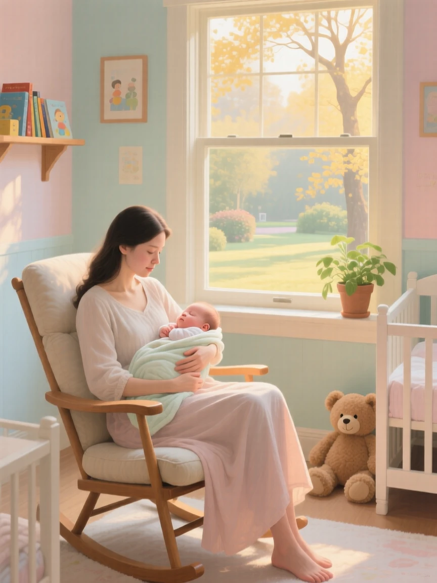 A tender scene shows a mother gently rocking her newborn baby by a nursery window, soft morning light illuminating both their faces, the surrounding environment framing them naturally without overwhelming the human focus of the scene.