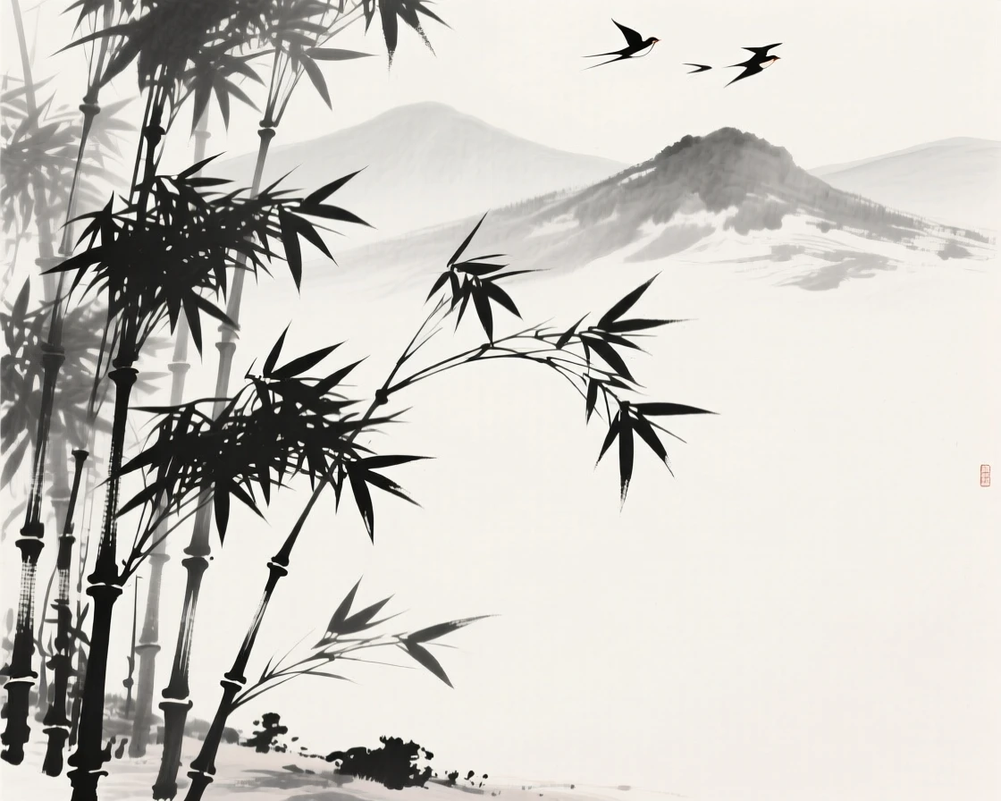 A grove of bamboo bends gracefully in a mountain breeze, as birdsong drifts through the quiet grove.