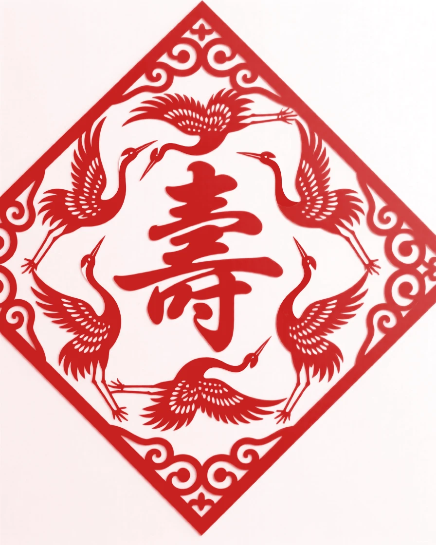 A design of a diamond-shaped panel featuring a ring of five cranes around a longevity character, framed by delicate scrollwork on every edge.