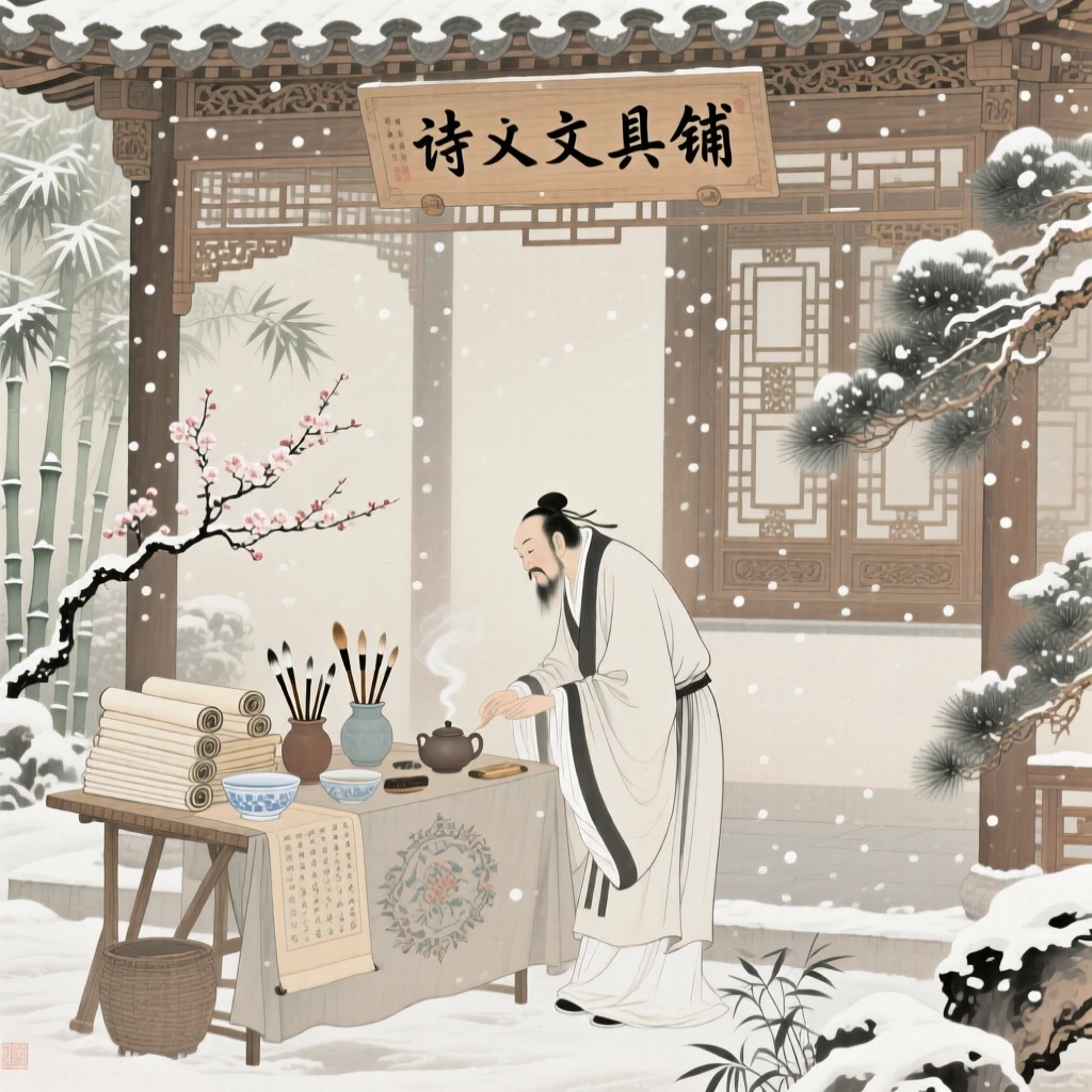 A wandering poet tending to a small stall of goods in a garden pavilion during a light snowfall