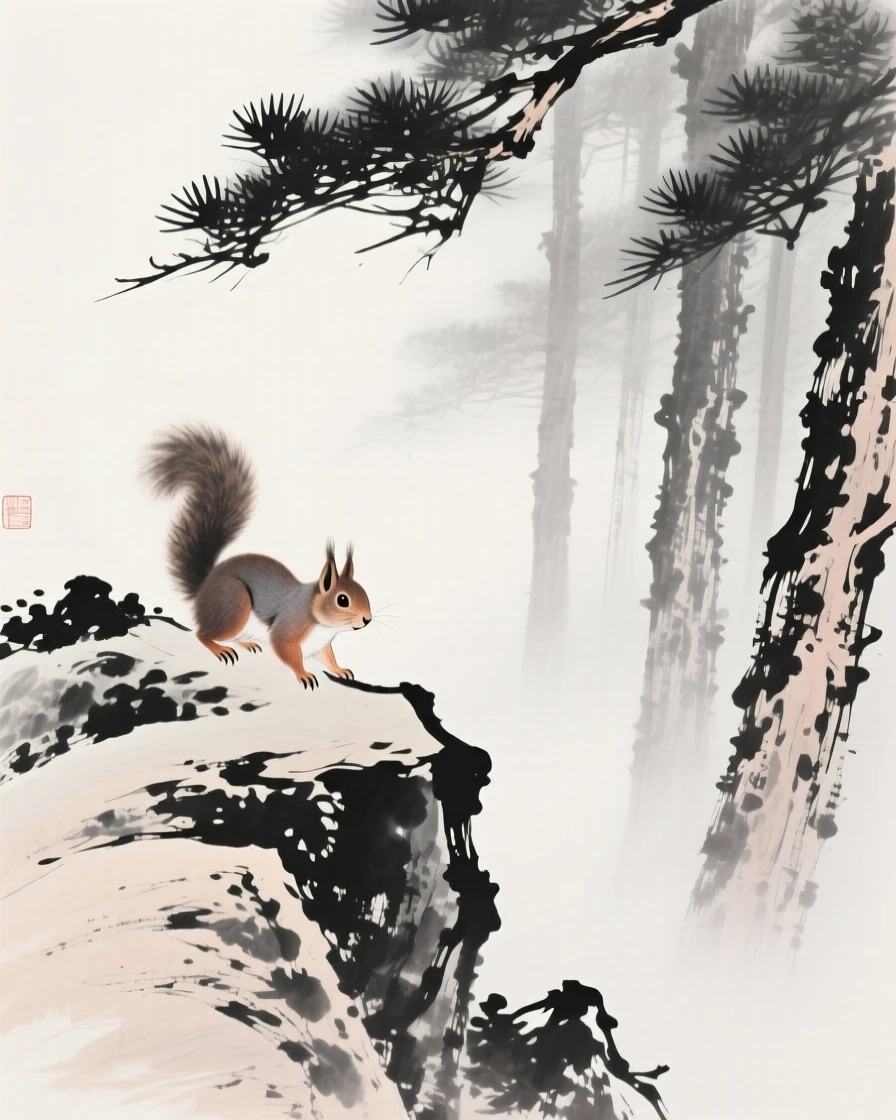 A squirrel moving cautiously along a rocky ridge in a misty pine forest, framed low to the ground for an intimate, close perspective, evoking the gentle rhythm of the natural world.