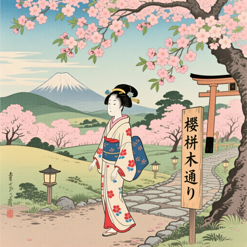 A young girl walking beneath a canopy of cherry blossoms.