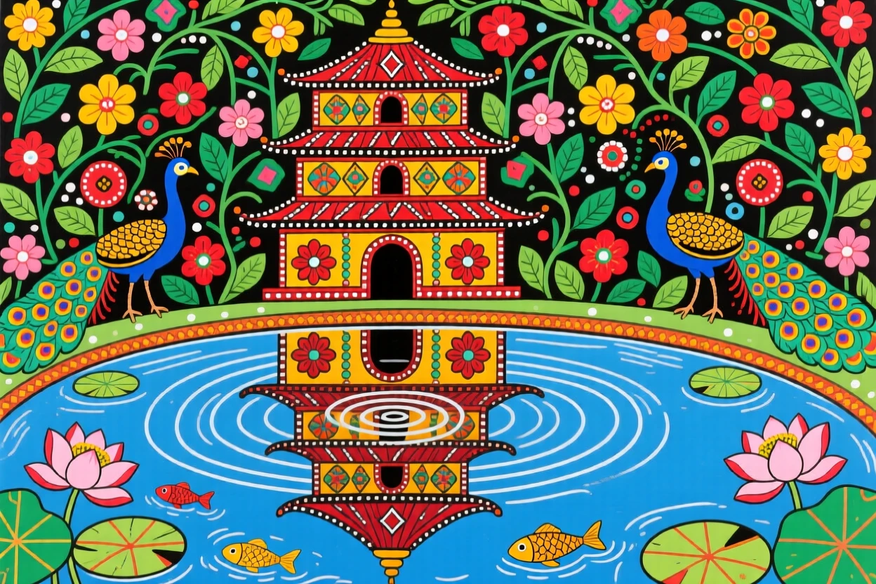 A pagoda reflected in the still water of a garden pond.