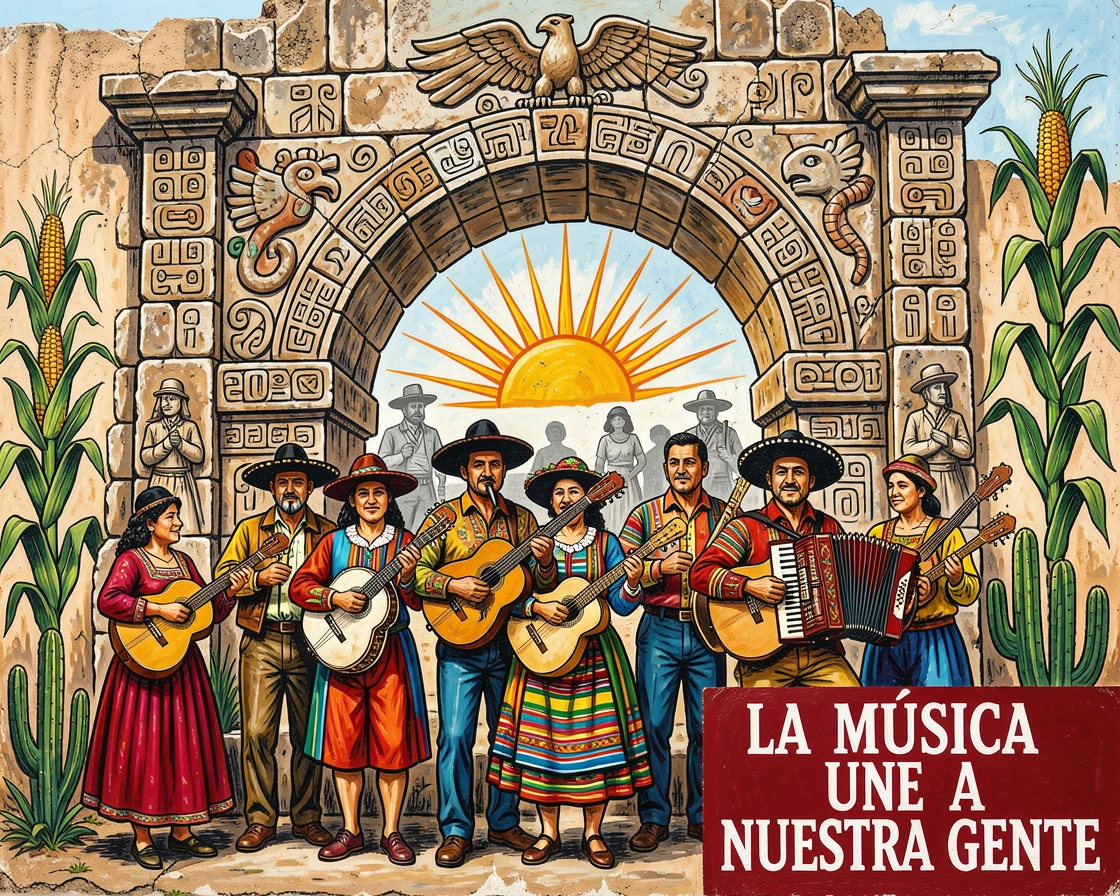 A group of musicians playing beneath an ancient stone archway