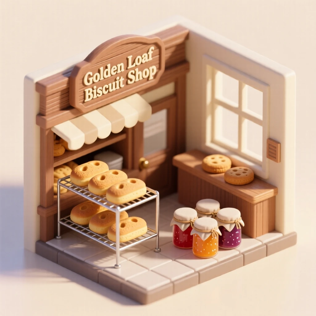 A quaint biscuit shop with golden loaves cooling on wire racks, jars of jam nearby, and morning light streaming through the window.