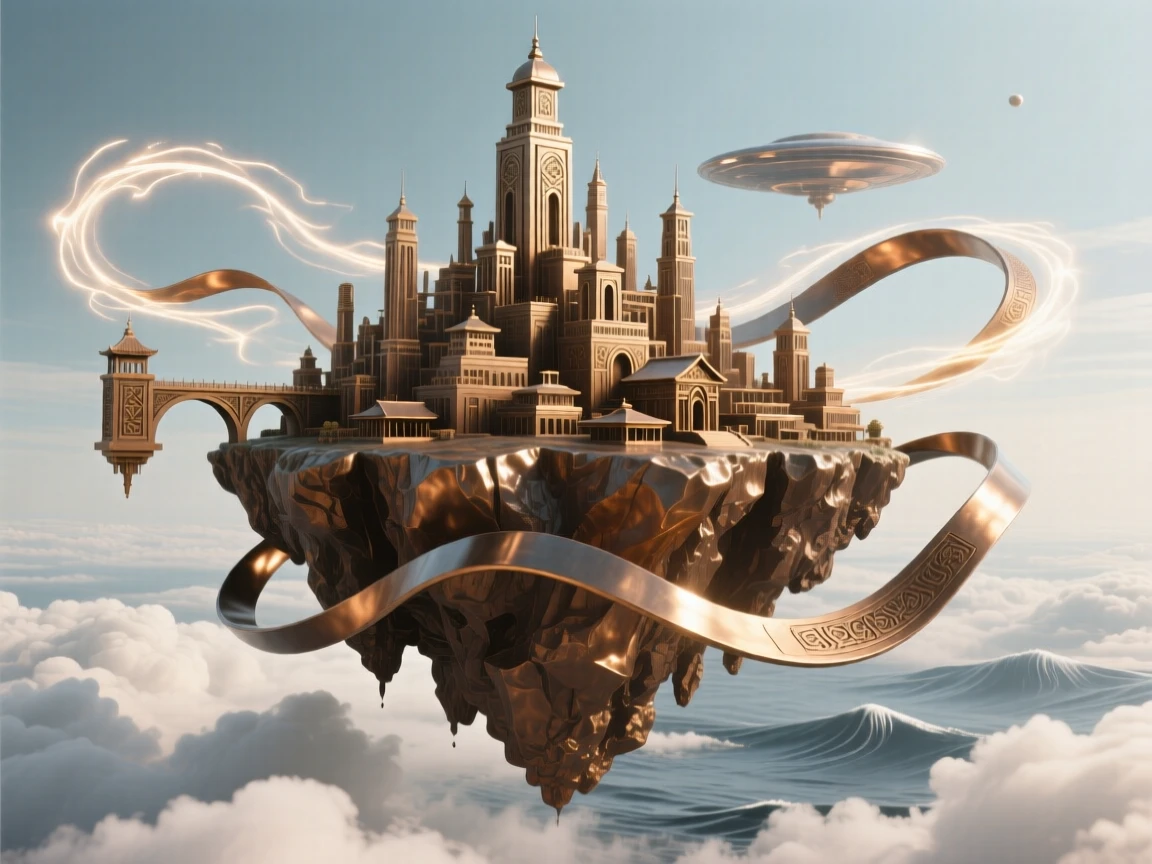 A floating island city suspended above the clouds, with swirling energy and radiant color, transporting the viewer to another world