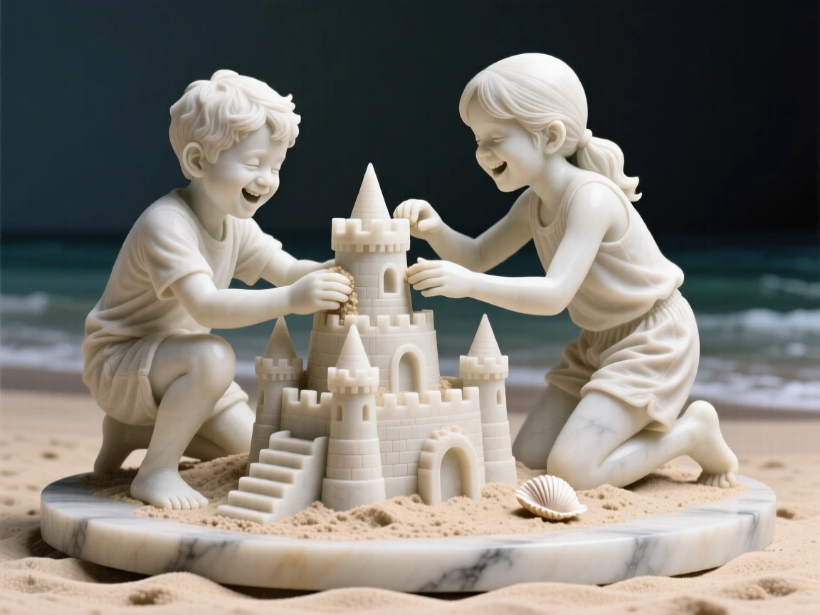 A heartwarming depiction of siblings building a sandcastle together, full of laughter and genuine connection