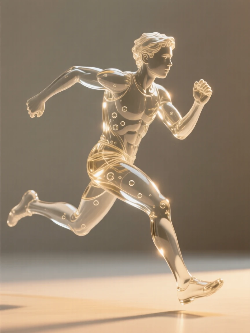 A young athlete caught mid-stride captured in a candid, unposed moment, golden hour light wrapping around the figure, feeling authentic and moving.