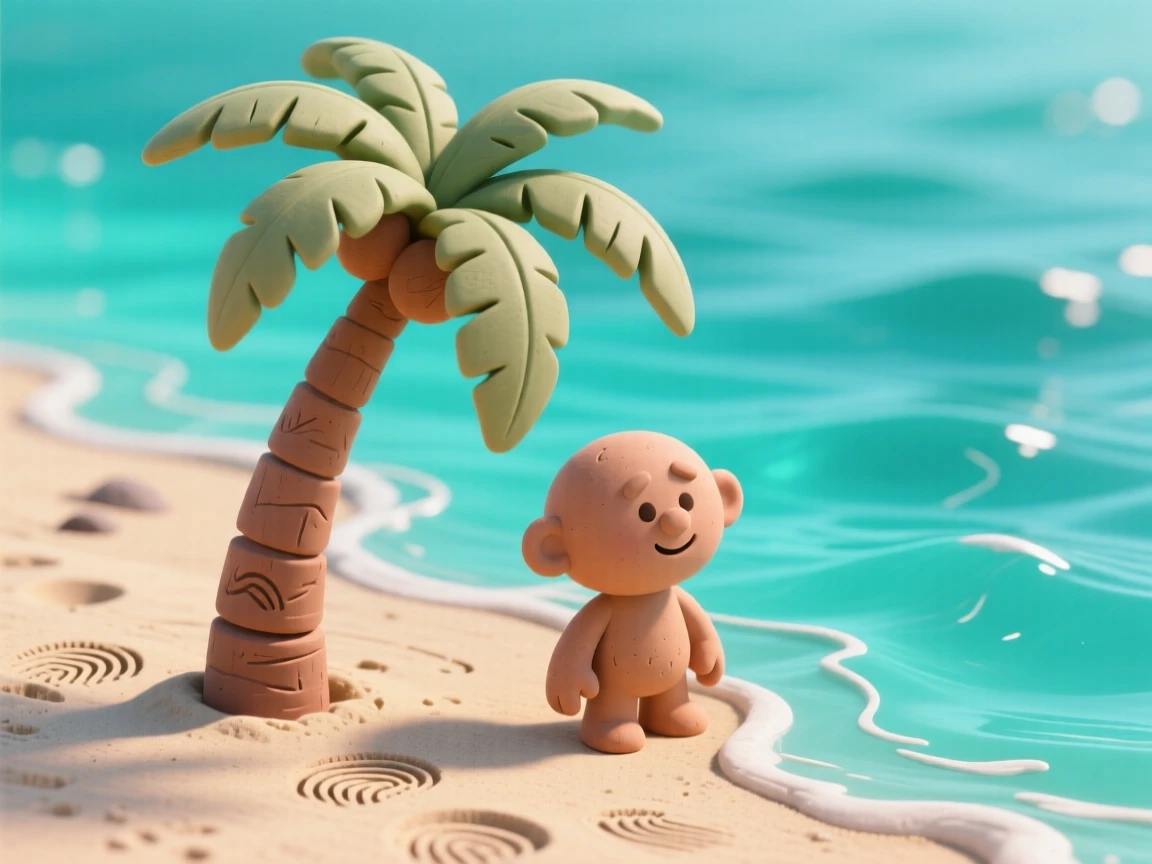 A tropical island beach with a single palm tree leaning over turquoise water