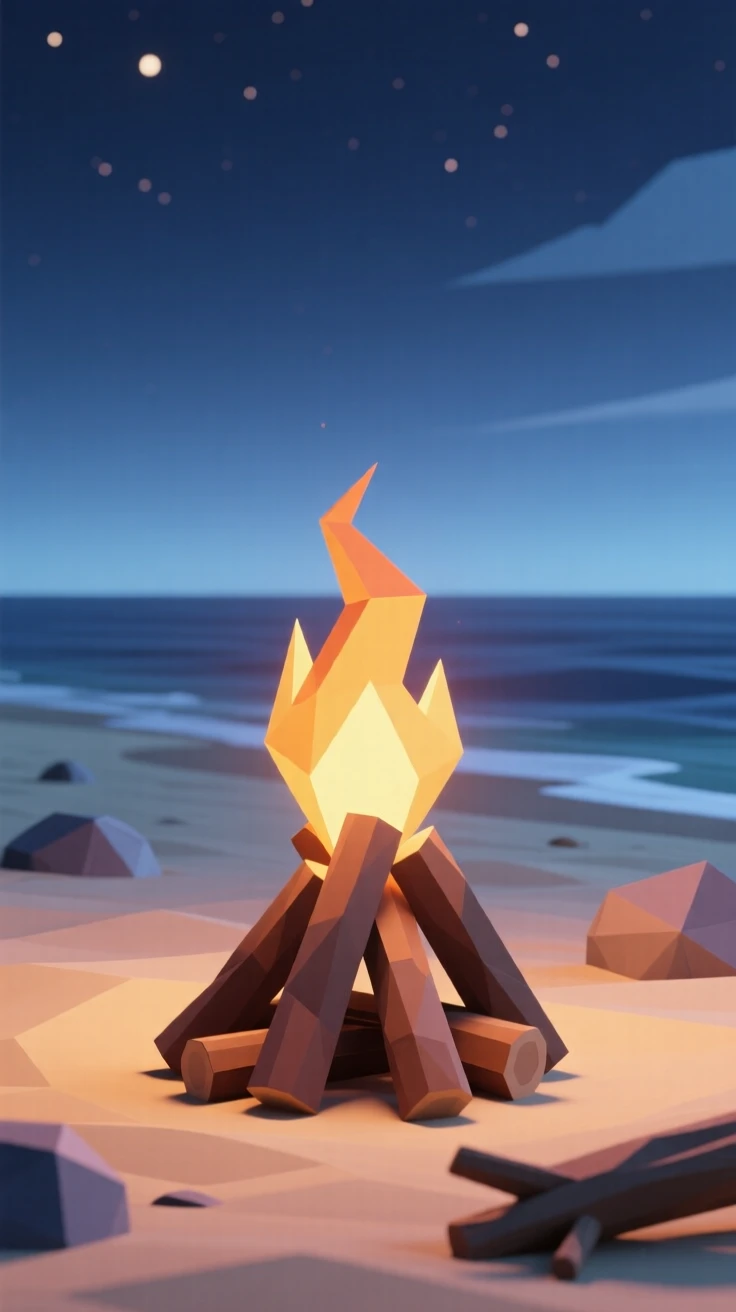 A beach bonfire glowing under a summer night sky, as the last light of evening fades. soft light and gentle shadows add depth to the scene. The mood feels cozy and nostalgic.