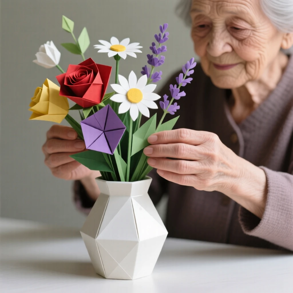 A grandmother's hands arranging a bouquet of garden flowers in a ceramic vase.