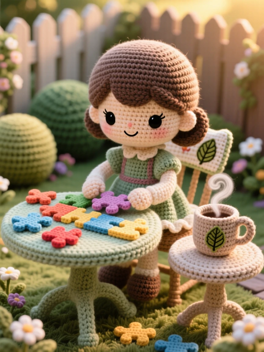 a little girl doing a jigsaw puzzle, with pieces spread across the table, fitting the final piece into place, in a small backyard garden in the late afternoon, with a steaming mug resting on a small table nearby, radiating quiet, unhurried domestic peace.