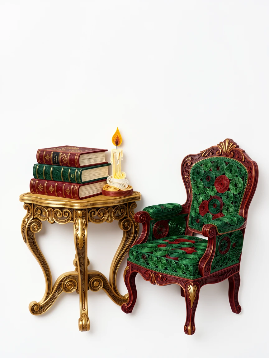 A cozy still life of a stack of vintage books beside a lit candle on an antique side table beside a reading chair, in a fresh palette of green, red, and gold, composed with a clean, minimal negative space background.