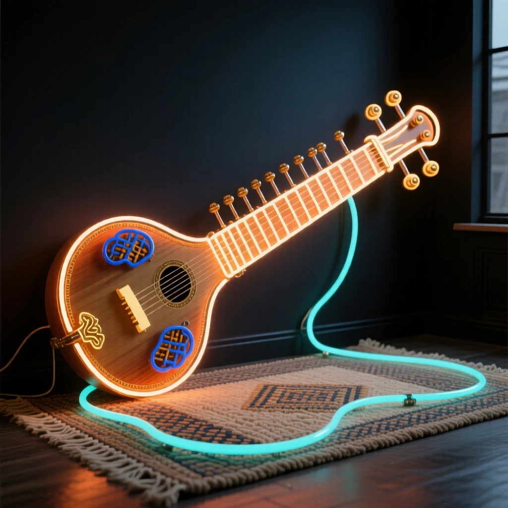 A sitar resting on a woven rug in a quiet studio.