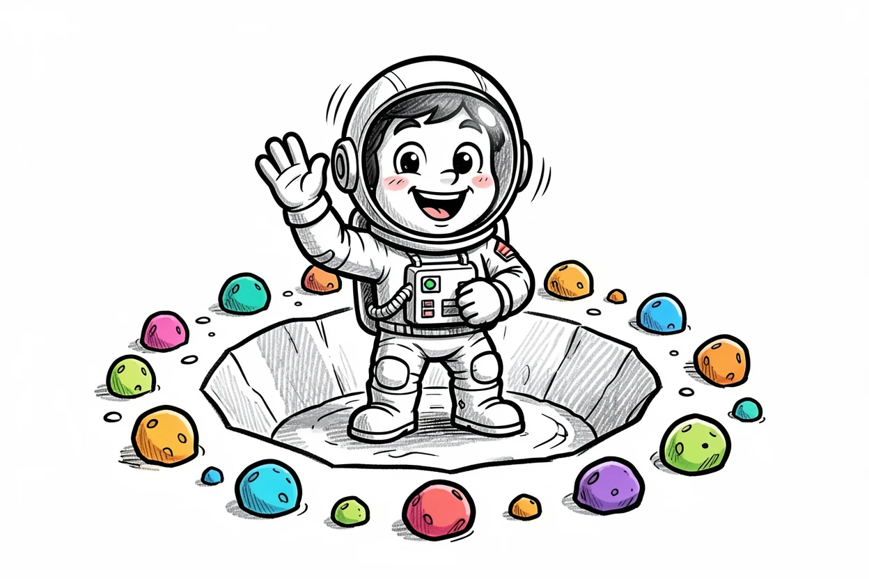 A friendly astronaut waving from a moon crater beside a ring of colorful asteroids.